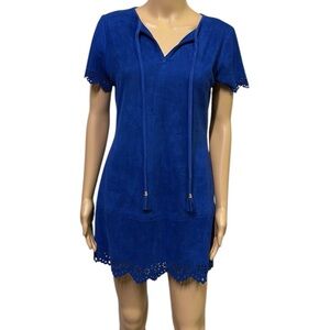 Ethereal Royal Blue Sueded Laser Cut Tassel Neckline Mini Dress Womens Medium
